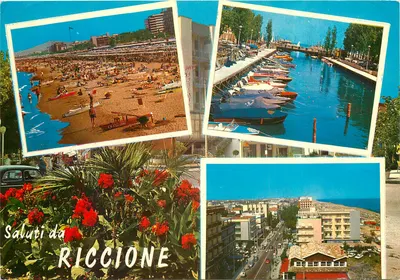 Riccione — vista da praia, do porto e da cidade — Ed. B. Marcaccini-Rimini