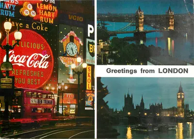 Londres — vista noturna de Piccadilly Circus e do Tower Bridge — John Hinde Studios