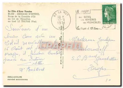 La Côte d'Azur Varoise — Miramar d'Esterel, Route de la Corniche d'Or — Éditions Rella — Rewers