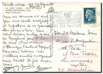 Bilhete postal moderno A Costa do Sol Terra do Sol Hyères les Palmiers (Var) Hotel Continental — Verso