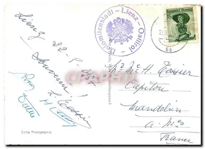 Lienz, Dolomity, Wschodnie Tyrol — widok panoramiczny z kościołem i górami — Échte Photographie, nr 2605 — Rewers