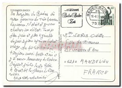 Baden-Baden — widok panoramiczny z fontanną, kościołem i rzeźbą — Verlag Schöning & Co. — Rewers