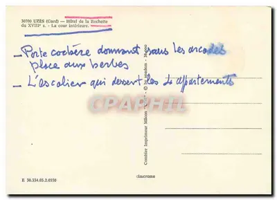 UZÈS (Gard) — Hotel de la Rochette — A cour intérieure — Imprimeur Comblier — Verso