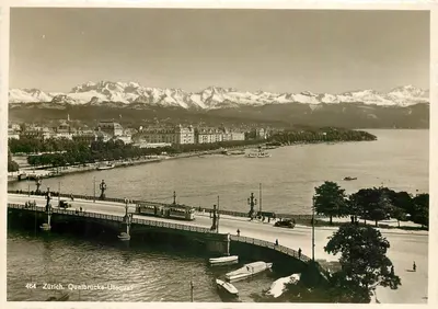 Zurique - Qualbrücke Utoquai — vista do lago e das Alpes nevadas — série 464