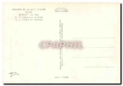 Port w Nicei — widok portu z dwoma parowcami i jachtami — Wydawnictwo «La Cigogne» — Rewers