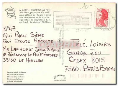 Bordeaux en 1860 — las Allées de Courny y el Grand Théâtre — Impresa en Francia, N°47 — Reverso