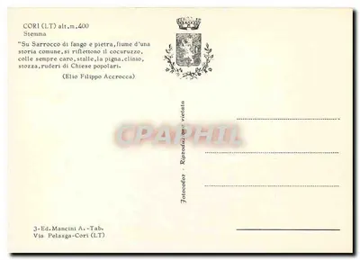 Cori (LT) — Herb lwia — Wyd. Mancini A. - Tab. Via Pelasga-Cori (LT) — Rewers