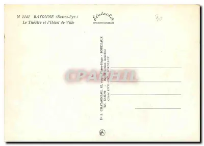 Bayonne (Basses-Pyrénées) — O Teatro e o Hotel de Ville — Editor Elcée, n° 1141 — Verso