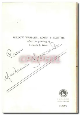 Oiseaux sur un tronc — Willow Warbler, Robin & Bluettits — After the painting by Kenneth J. Wood — Verso
