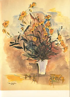 Arranjo de flores amarelas — aquarela — assinado por Jean Lissade 1952 — editado pela Associação France Parkinson