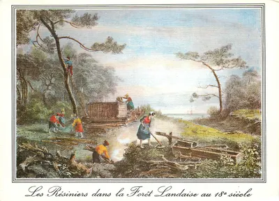 Os Resineros na Floresta Landaise no século XVIII — gravura de 1800, editada por Victor-Hugo, Bordeaux