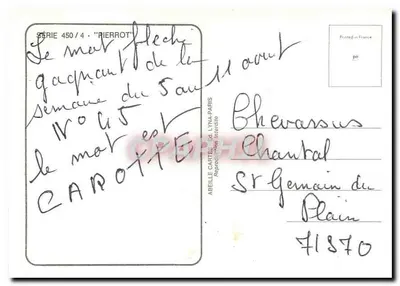 Menina jovem em vestido branco tocando mandolina — Virginie — série 450/4 "Pierrot" — editor Abelle Cartes, Paris — Verso