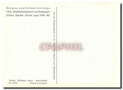 Flores e borboletas — China, época de Ch'ien Lung (1736-95) — Verlag Woldemar Klein, série K 976 — Verso