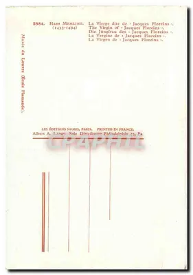 A Virgem conhecida como de Jacques Floreins — Hans Memling (1433-1494) — Éditions Nomis, Paris — Verso