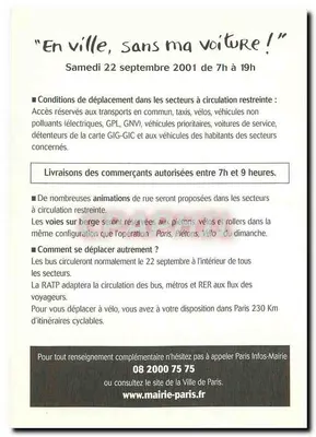 Operação «Na cidade, sem meu carro!» — Paris, sábado, 22 de setembro de 2001 — Prefeitura de Paris e RATP — Verso