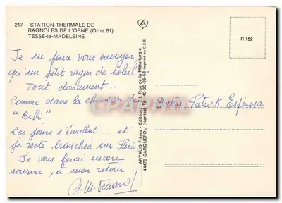 Bagnolles-de-l'Orne — Tesse-la-Madeleine — Panoramablick mit den Thermen, dem Casino, dem Schloss Tesse, der Dante-Allee, der Tal der Cour und den Pedalos — Rückseite