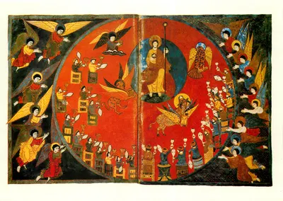 Apocalipse de Saint-Sever — Adoração de Deus pelos Quatro Viventes — ms. lat. 8878, fol. 121 v. e 122