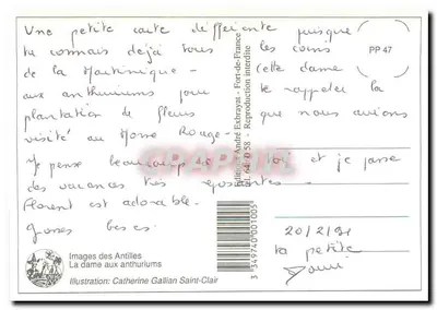 Kobieta z anthuriumami — ilustracja Catherine Gallian Saint-Clair — Wydawnictwo André Extrayat, Fort-de-France — Rewers