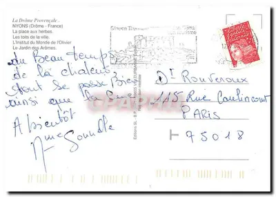 Nyons — Vista da praça das ervas, telhados da cidade, hotel e jardim — Edições SL, B.P. 158605 Villeurbanne — Verso