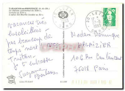 Tarascon-en-Provence — Castelo e Igreja de Santa Marta — Impressor Combier — Verso