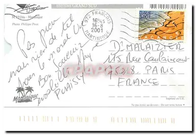 Martinique — praia com piragua e hibisco — Edições Grand Sud, n° M.191bis — Verso