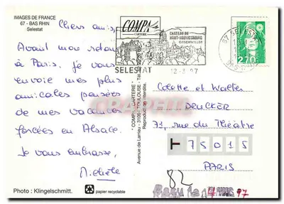 Selestat — vista da torre, das casas e da igreja — CompA Carterie — Verso