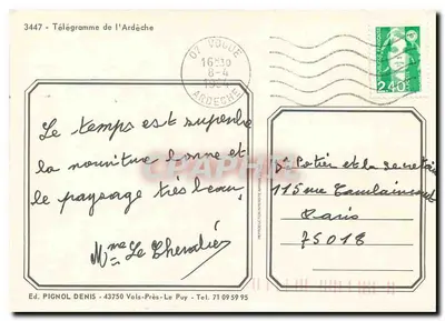 Ardèche — Paisagens magníficas — Telegrama — Ed. PIGNOL DENIS — Verso