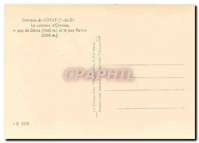 Kalwaryja Orcines — puy de Dôme (1465 m) i puy Pariou (1210 m) — Éditions d'Art Yvory, Paryż — Rewers