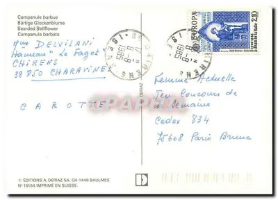 Kwiaty alpejskie — kampanula brokatowa, żółte kwiaty i czerwone trawy — Wydawnictwo A. Deriaz SA, nr 15164 — Rewers