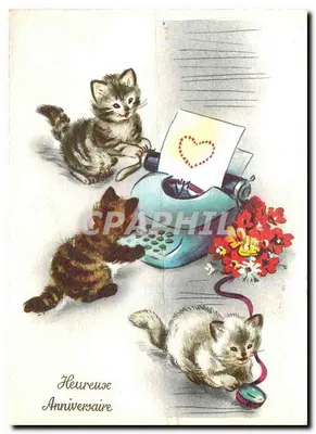 Três gatos e máquina de escrever — Aniversário — Aquarell, Nr. 5407