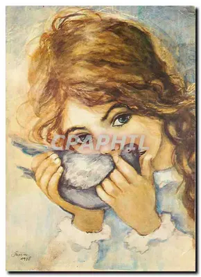 एक छोटी लड़की जो एक तोता धारण करती है — एक वॉटरकलर पेंटिंग — हस्ताक्षरित 'फारिया 1916'