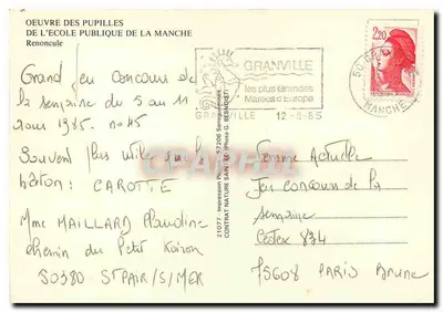 Renoncule — Konkurs tygodniowy 5–11 sierpnia 1985 — Praca uczniów Publicznej Szkoły Manche, Granville — Rewers