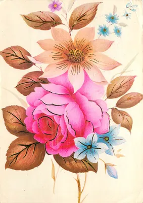 Kwiaty — róża, delikatna różowa róża, małe błękitne kwiaty — M.D. Paryż, seria n° 5144