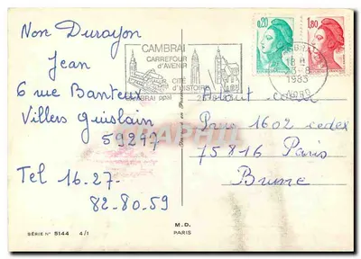 Kwiaty — róża, delikatna różowa róża, małe błękitne kwiaty — M.D. Paryż, seria n° 5144 — Rewers