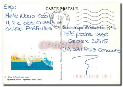 Blois, la façade des loges — Aquarelle de Ph. Legendre-Kvater (1988) — Édition Hesse — Verso