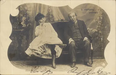 Um casal sentado — texto impresso e manuscrito — editor 'Elise D'Az' e 'Dowguste Rh.'