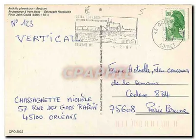Ruticilla phoenicura — Redstart — editor Duculot (Bruxelas), n° 123 — Verso