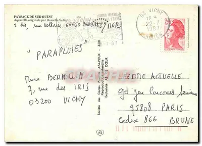 Pejzaż południowo-zachodni — oryginalna akwarela Danièle Salley — Spółdzielnia Kartek Pocztowych AFA-POUX — Rewers