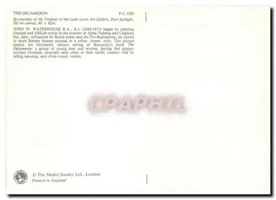 Dekameron — scena młodych mężczyzn i kobiet w ogrodzie — The Medici Society Ltd., Londyn — Rewers
