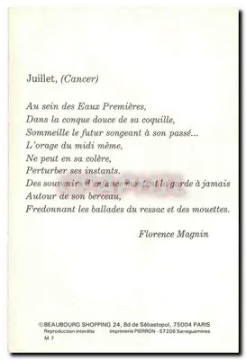 Julho, (Câncer) — poema ilustrado — Imprensa PIERRON, 75004 Paris — Verso