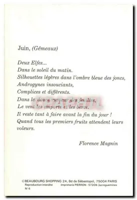 Dois Elfos — Junho, (Gêmeos) — Impressora PIERRON, 57206 Sarreguemines — Verso