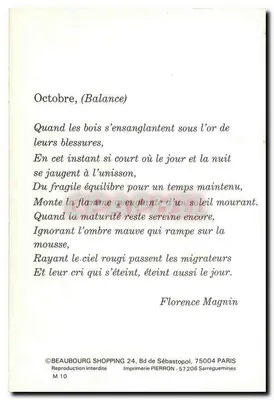 Outubro, (Equilíbrio) — poema de Florence Magnin — Impressora PIERRON, série M 10 — Verso