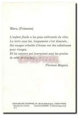 Mars, (Ryby) — wiersz Florencji Magnin — Drukarnia PIERRON, 75004 Paryż — Rewers