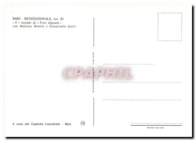 Bari - Benedizionale, séc. XI — «V» inicial de «Vere dignum» com Maïestas Domini e Consecratio fontis — editor: Grafiche Pavia - Bari, n° 14 — Verso
