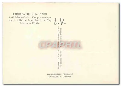 Monte-Carlo — Widok panoramiczny na miasto, Palm Beach, Cap Martin i Włochy — Wydawnictwo S.E.P.T., bulwar Corbella, NICE — Rewers