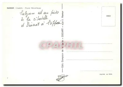 Namur - Cidadela - Rota Maravilhosa — editor COCART, n° de série 0092 — Verso