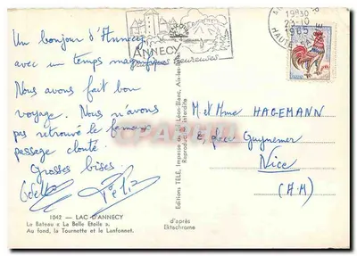 Lago d'Annecy — vista do lago com barco e montanhas — Éditions Télé, n°1042 — Verso