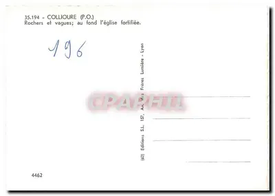 Collioire (P.O.) — Rochas e ondas; no fundo, a igreja fortificada — Edições S.L. dos Irmãos da Luz, Lyon — Verso