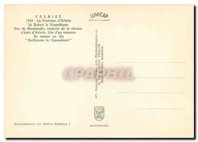 FALAISE — A Fonte de Arlette — Monumento aos Heróis do Frontão da Caça — Lumicap — Verso