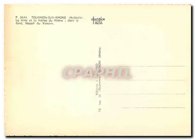 Tournon-sur-Rhône — A cidade e a vale do Rio Rhône ; no fundo, Massif do Vercors — Edições J. Cellard — Verso